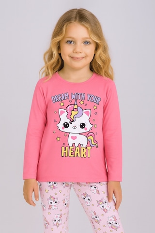 Kız Çocuk Uzun Kollu %100 Pamuklu Pijama Takımı Unicat Şeker Pembe