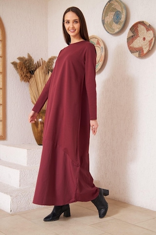 Darlin Moda Bordo Uzun Kollu Eteği Poplin Detaylı Maxi Boy Elbise DM4640