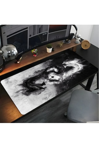 Yın Yang Ejderha Baskılı 90x40 Kaymaz Taban Mousepad 90x40cm