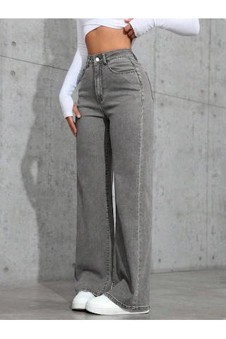 Füme Palazzo Pantolon Wide Leg Yüksek Bel Denim Jeans Füme