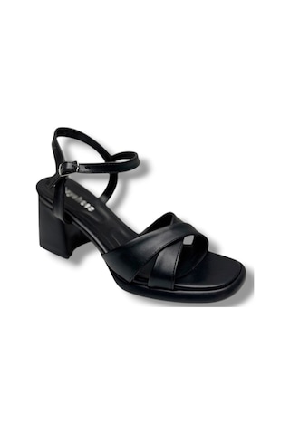 Erbay 405-26 Cilt Deri Çapraz Bant Kalın Topuk Anatomik Kadın Sandalet 7cm Siyah