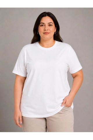 Wear Vexel Kadın Battal Big Size Basic Tişört Bisiklet Yaka Rahat Kalıp T-shirt - Beyaz Beyaz