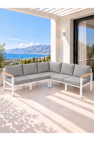 Neokas Metal L Köşe Koltuk 5 Kişilik, Balkon Ve Bahçe Mobilyası Beyaz