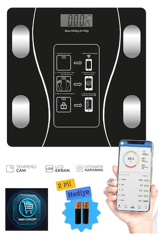 Dijital Baskül Yağ Su Kas Vücut Kitle Endeksi Kilo Ölçer Tartı Siyah