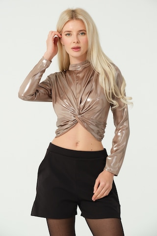 S'amore Clothing Asimetrik Crop Bluz Metalik Metalik Gold