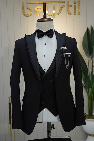 Bys Beystil Erkek Siyah Slimfit Yelekli Damatlık & Smokin 818