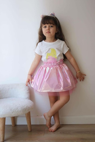 Kız Çocuk Mickey Ve Dondurma Desenli Kısa Kol Pamuk Etekli Takım Pembe