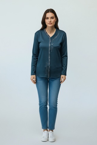 Kadın Önü Kapalı Düğme Detaylı Taşlı Nergis Mevsimlik Bluz Zümrüt