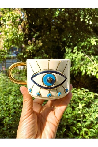 Lexroo Premium Kalite 24 Ayar Altın Detaylı Nazar Mug El Yapımı 250 Ml Evil Eye Handmade