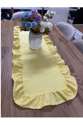 Vintage Duck Keten Sarı Çiçekli Fırfırlı Oval Runner 40 X 140 Cm Sarı
