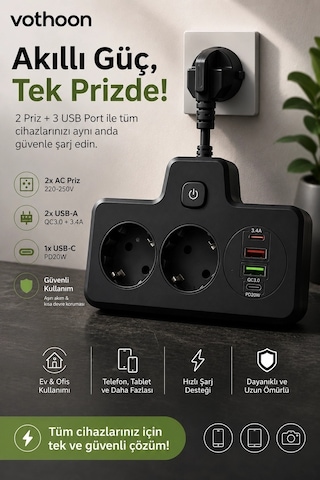 Bkl-502 Akım Korumalı 2li Priz 2 Usb Ve 2 Type-c Çıkış 4000w Hızlı Şarj Duvar Tipi Dokunmatik Led Ay