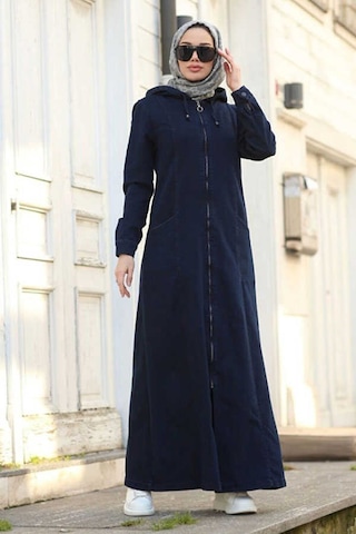 Neways 6463-Kapşonlu Denim Ferace Lacivert