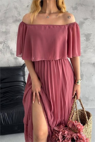 Kadın Astarlı Piliseli Şifon Elbise Dpk2099 Gülkurusu