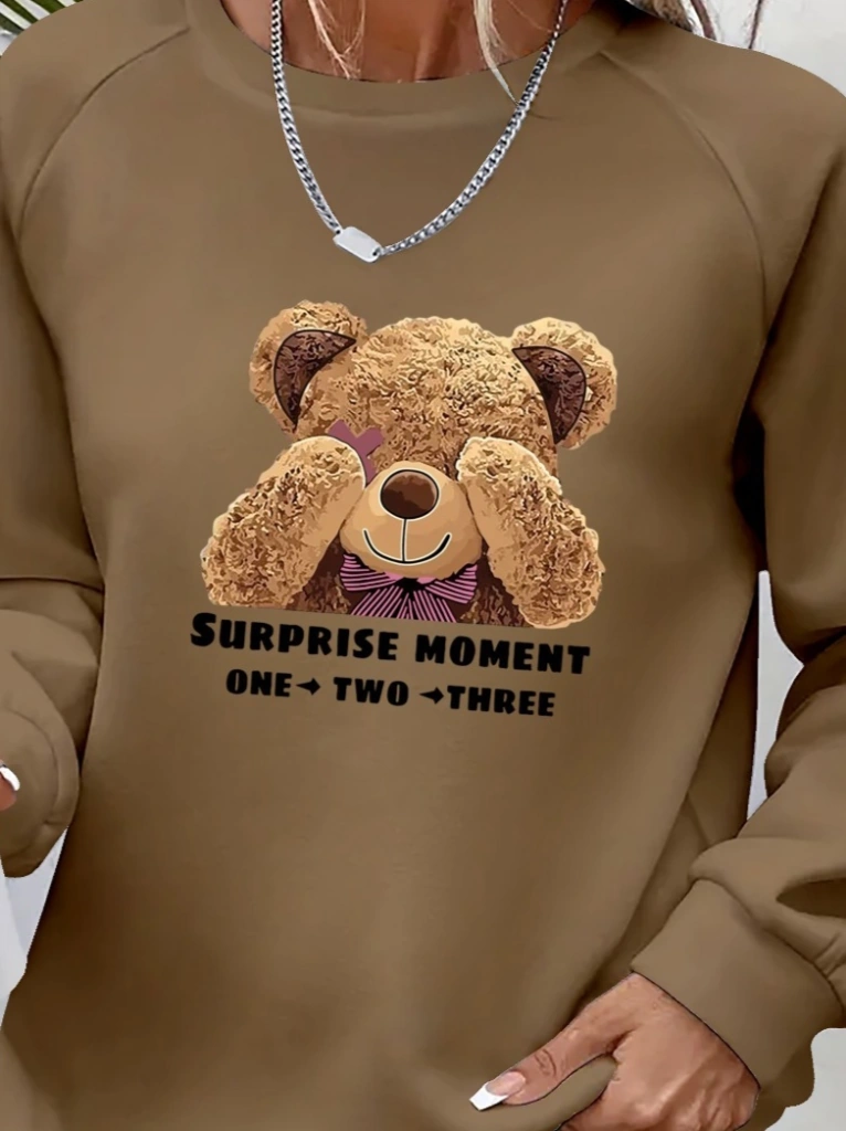 Emh Store Kadın Uzun Kollu Bisiklet Yaka Ayıcık Desenli Viskon Iki Iplik Bluz Kahve