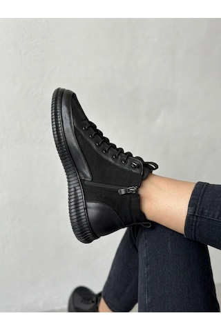 Beren Hakiki Deri Siyah Kadın Bot Süet Garnili Bağcıklı Ortopedik Comfort Günlük Casual Sneaker Bot