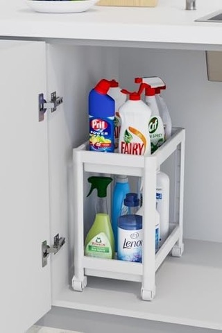 2 Katlı Tekerlekli Düzenleyici Raf Mutfak Tezgah & Evye Altı Dolap İçi Organizer, Banyo Deterjanlık Ve Şampuanlık, Çok Amaçlı Taşınabilir Sebzelik, Modern Dekoratif Mutfak Raf Ünitesi Beyaz