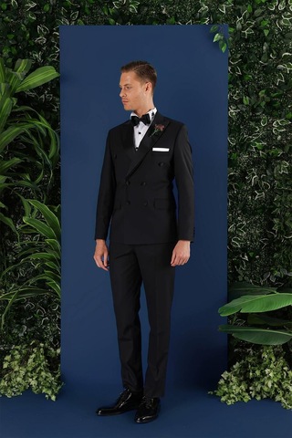 Efor Black 071slim Fit Çıkarılabilir Saten Yaka Kruvaze Siyah Damatlık Smokin Takım Siyah