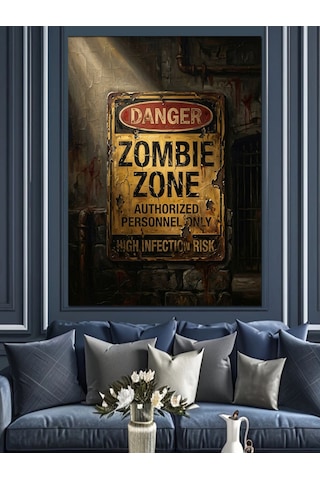 Retro Zombie Zone Uyarı Levhası Dekoratif Kanvas - Mdf Ahşap Tablo
