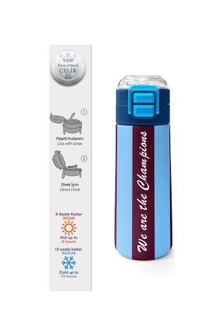 Coral High Kids Bordo Mavi Taraftar Desenli Pipetli Ve Direkt İçim Çelik Termos 500 Ml 31788 Çok Renkli