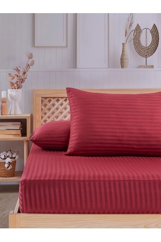 Bordo Pamuklu Çizgili Saten Lastikli Çarşaf Takımı Tek Kişilik + 1 Yastık Kılıfı Bordo