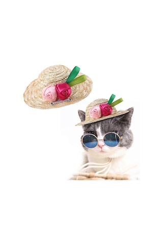 Köpekler Ve Kediler İçin Çiçek Dekorlu Mini Geniş Kenarlı Hasır S