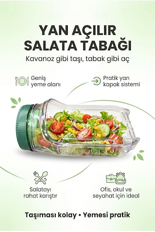 Kt610 Sızdırmaz Salata Kabı 900 Ml Sos Bölmeli Yan Açılır Taşınabilir Saklama Kabı Şeffaf