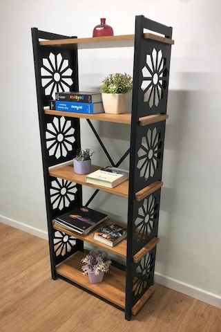 Desenli, Lazer Kesim, Metal, 5'li Raf,çiçeklik,kitaplık, Dolap Ceviz