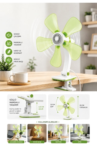 Waldern Taşınabilir, Sessiz Akrobat - Klipsli Fan - Masa Üstü Yeşil Vantilatör - 32 Cm & 180 Eğim