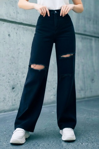 Woddi Bella Siyah Salaş Dizi Yırtık Rahat Kesim Palazzo Jeans Kot Pantolon