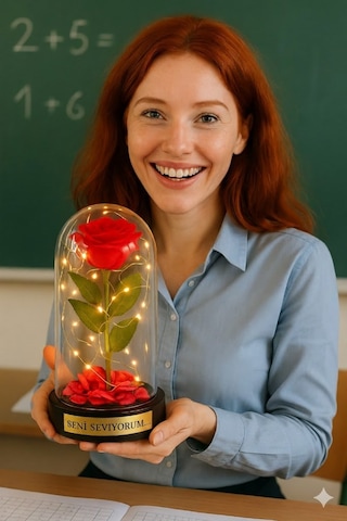 Sevgiliye Seni Seviyorum Temalı Led Işıklı Mika Fanus Kırmızı Yapma Solmayan Gül Büyük Boy 22 Cm 20