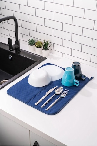 İronika Mikrofiber Bulaşık Kurutma Matı Süper Emici Bulaşık Kurutmalık Tezgah Üstü Kurutma Örtüsü 45x35 Cm Lacivert