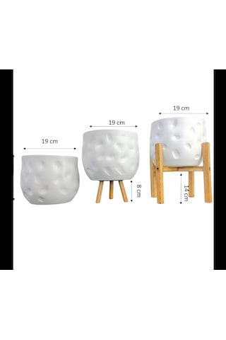 Bitki Tasarımı Ev Dekorasyon Aksesuar Beyaz Desenli Toprak Saksı Saksılık Salon Çiçeklik Üçlü Set 19 Cm