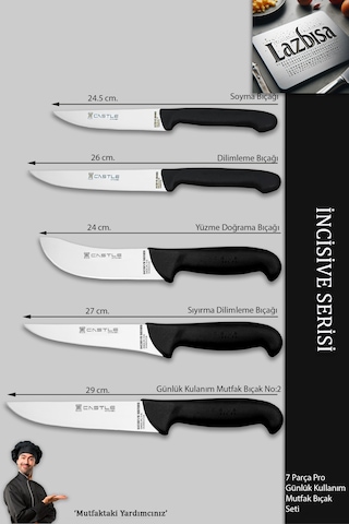 İncisive Serisi Mutfak Bıçak Seti Et Sebze Şef Bıçağı 7li Mft-105 Siyah