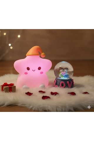 2 Li Sevgiliye Romantik Hediye Seti Slikon Yıldız Renkli Led Gece Lambası Ve 9cm Love Kar Küresi Set Set