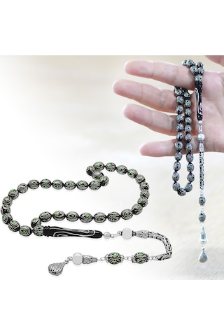 925 Ayar Gümüş Kral Zincir Püsküllü Gümüş-mine İşlemeli Arpa Kesim Erzurum Oltu Taşı Tesbih Siyah - Yeşil
