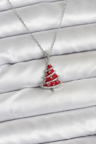 Zarif Boyunlar İçin Silver Çelik Zincir Kırmızı Çam Ağacı Yılbaşı Tema Kadın Kolye Metalik