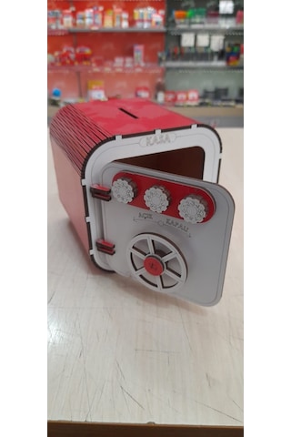Ahşap Kumbara Şifreli Kasa Kırmızı-Beyaz 12*12,5*13Cm