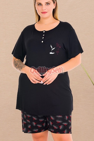Lady Siyah Renk Ve Çiçek Desenli 10440 Şortlu Büyük Beden Anne Pijama Takımı Siyah - Kırmızı
