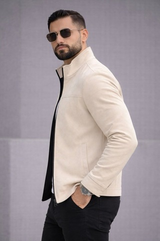 Baselco Slim Fit Dik Yaka Mevsimlik Süet Ceket Krem