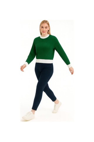 Hira Life Fashion Kadın Bisiklet Yaka Fitili Ve Şerit Detaylı Crop Triko Kısa Kazak Yeşil Yeşil