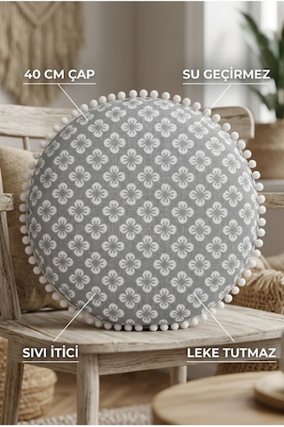 Sandalye Minderi Yuvarlak Gri Çiçek Desenli Ponponlu Leke Tutmaz Bahçe Sandalye Pufu 40cm Çok Renkli