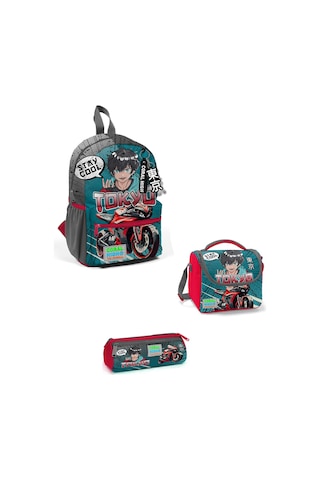 Minik Yuva Sırt Çantası Gri Nefti Anime Motorsiklet İki Bölmeli 3'lü Set 3set23564