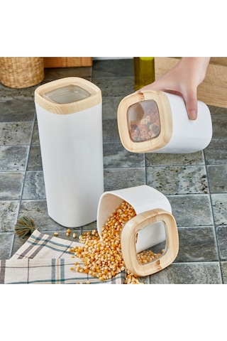 Ceylin Mugiss Saklama Kabı Ahşap Kaplama Beyaz 3'Lü Set 1800 - 1000 - 600 ML Beyaz
