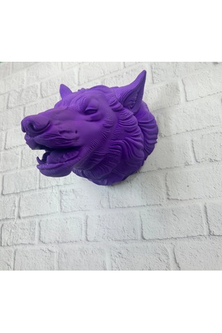Mor Renk 3d Kurt Başı Duvar Dekoru Asılabilir Maskot Heykel 25x19 Cm