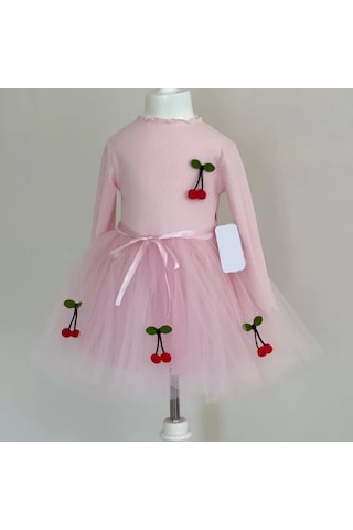 Alfa Expres 5-6-7 Yaş Kiraz Desenli Kurdela Kuşaklı Astarlı Uzun Kollu Kız Çocuk Tütü Elbise Pembe Pembe