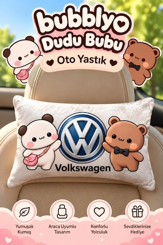 Bubblyo Volkswagen Temalı Dekoratif Oto Yastığı Sevimli Çift Tasarım Beyaz Beyaz