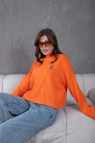 Kadın Dik Yaka Oversize Nakışlı Triko Kazak Turuncu