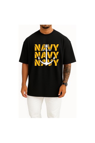 Bahriyeli Collection Oversize Trio Navy Anchor Göğüs Ve Sırt Baskılı Unisex T-shirt Siyah