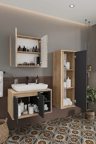 Lale 70 Cm Set %100 Mdf Lavabolu Banyo Dolabı + Aynalı Dolap + Boy Dolabı Antrasit