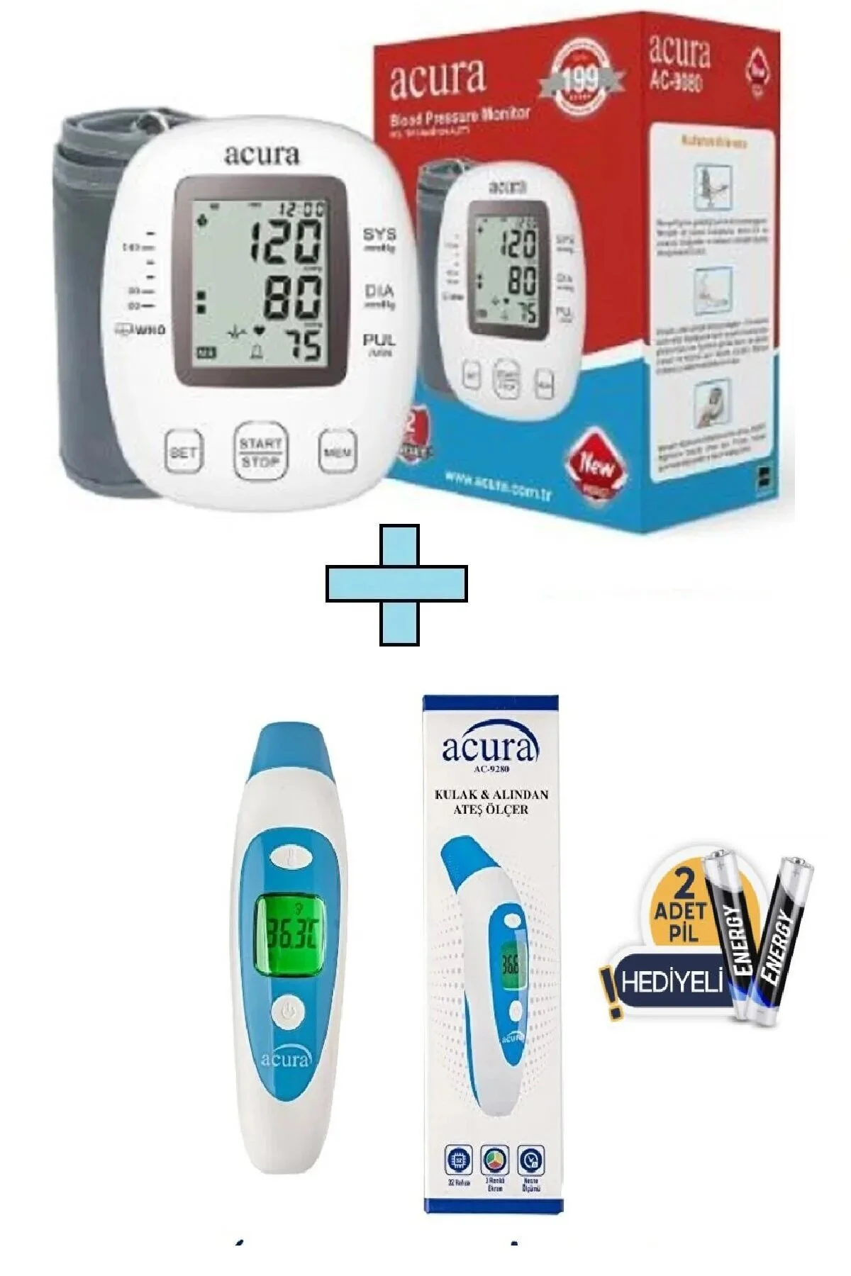 Ac-9080 Koldan Ölçer Tansiyon Aleti + Çanta+pil Hediyeli Ac-9280 Kulaktan & Alından Ateş Ölçer